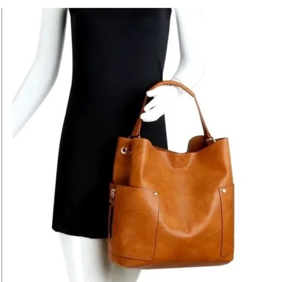 Cognac Faux Leather Bucket Handbag w/ Gold Tone Hardware EUC Spotless Interior - Picture 1 of 14